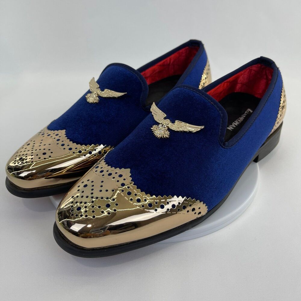 ELANROMAN Men's Navy Velvet Gold Toe Eagle Loafers Wedding Prom Shoes 40 | 7